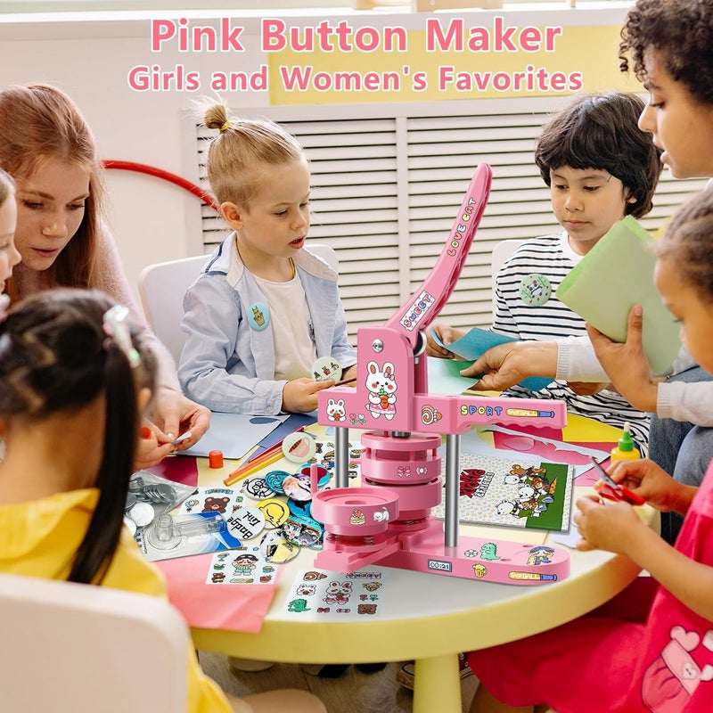 Happizza Button Maker Machine Multiple Sizes, Pin Maker Machine 1+2.25 inch, Badge Button Press Machine with Cute Stickers and 200 Sets Button Making Supplies&Circle Cutter for Girls Women(Pink) - Image 5